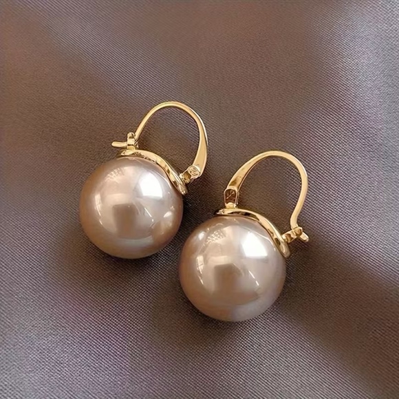 Champagne Faux Pearl Drop Earrings - Gold-Tone Hoop Dangle - Picture 5 of 5